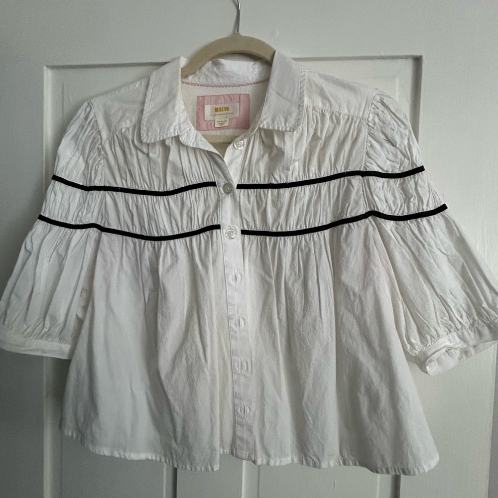 Maeve White Cotton Button-Front Blouse with Black Trim